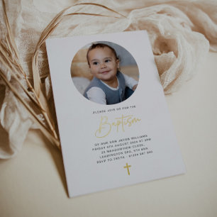 Rundes Foto Minimalistische Taufe - Gold  Folieneinladung