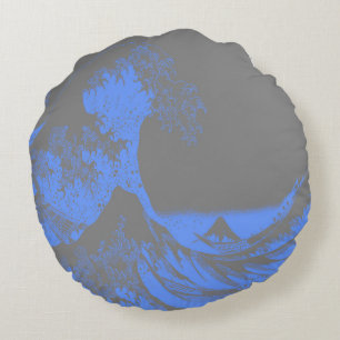 Rundes Kissen Die große Welle Blau & Grau