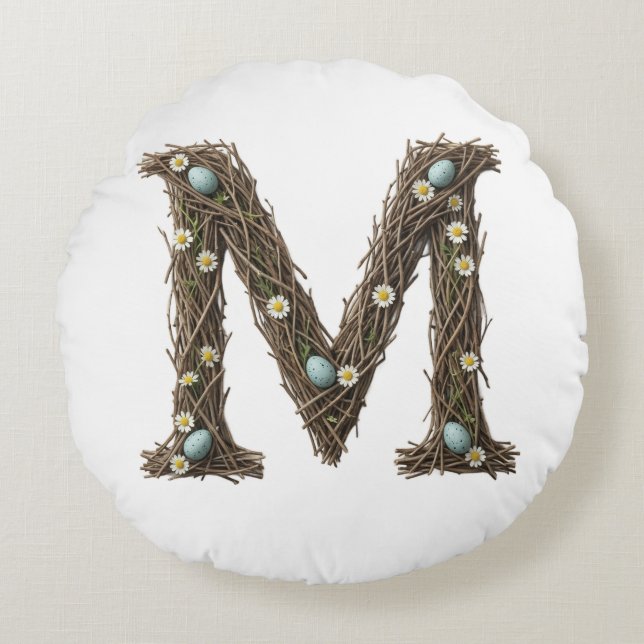 Rundes Kissen für Mama, rustikales Blumen-Initial  (Vorderseite)