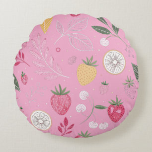 Rundes Kissen mit rosa Erdbeere und floralem Muste