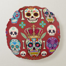 Rundes rotes Kissen - Gothic - Totenkopf und Knoch