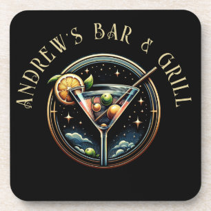Rundes Schwarz & Gold Martini-Logo Bar & Grill  Getränkeuntersetzer