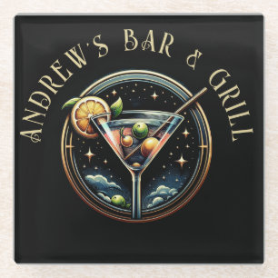 Rundes Schwarz & Gold Martini-Logo Bar & Grill Glasuntersetzer