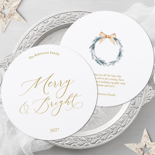 Rundes Weihnachtskarte mit goldenem Schriftzug und Einladung