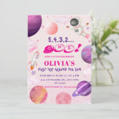 Rundfahrt um die Sonne| Rosa Weltraum 1. Geburtsta Einladung (Stehend Vorderseite)