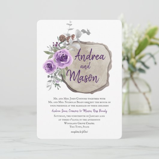 Rundholz Lila Rose und Eukalyptus-Hochzeit Einladung (Stehend Vorderseite)