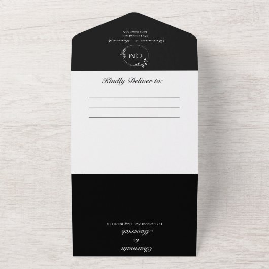 Rundklassische Schwarz-Weiß-Monogramm-Hochzeit All In One Einladung (Außenbereich)