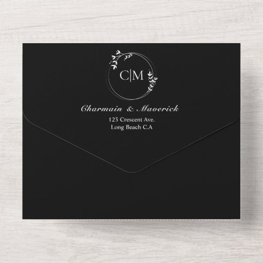 Rundklassische Schwarz-Weiß-Monogramm-Hochzeit All In One Einladung (Rückseite)