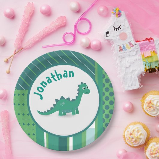 Rundrahmen in grün/blau mit niedlichem Dinoau Pappteller (Party)