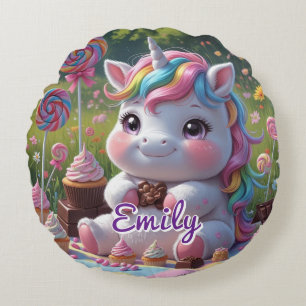 Rundschokolade Unicorn Pillow - bearbeitbarer Name Rundes Kissen