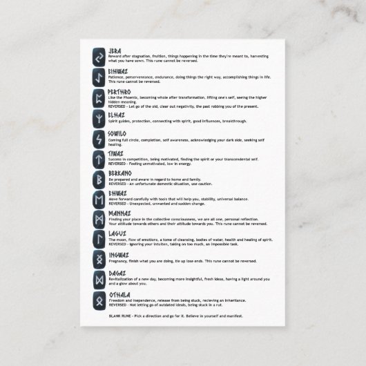 Runensymbole und Bedeutungskarten Visitenkarte (Rückseite)