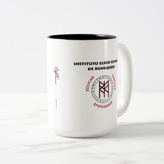 RuneQueen's RQEFI-Logo in Englisch/Español Zweifarbige Tasse (VorderseiteRechts)