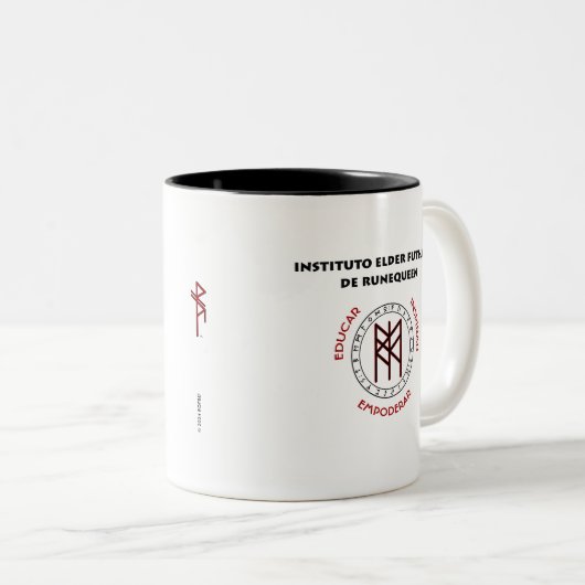 RuneQueen's RQEFI-Logo in Englisch/Español Zweifarbige Tasse (VorderseiteRechts)