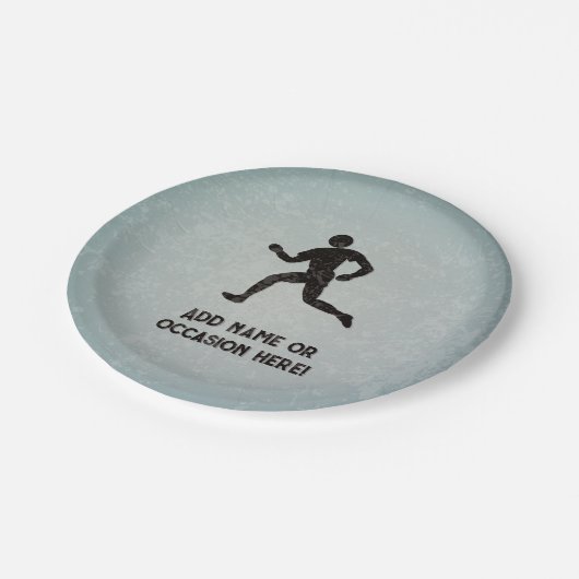 Runner Sportler und Ihr Text auf masuline grau Pappteller (Schrägansicht)
