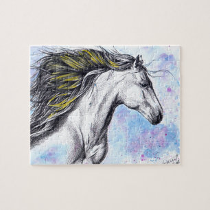 Running horse Watercolor and Ink Equine art Puzzle