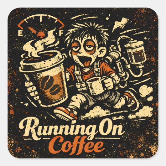 Running On Coffee – Caffeinated Humor Survival Quadratischer Aufkleber (Vorderseite)
