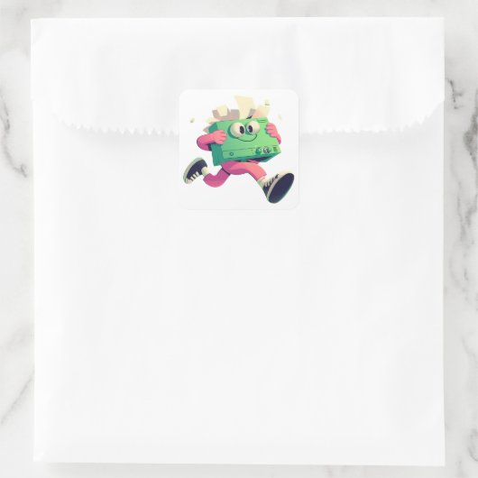 Running Printer with Flying Papers – Tech Humor Quadratischer Aufkleber (Tasche)