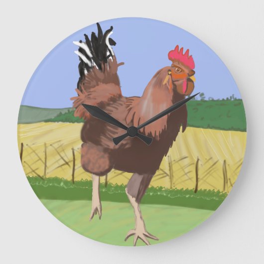 Running Rooster auf dem Land Große Wanduhr (Vorderseite)