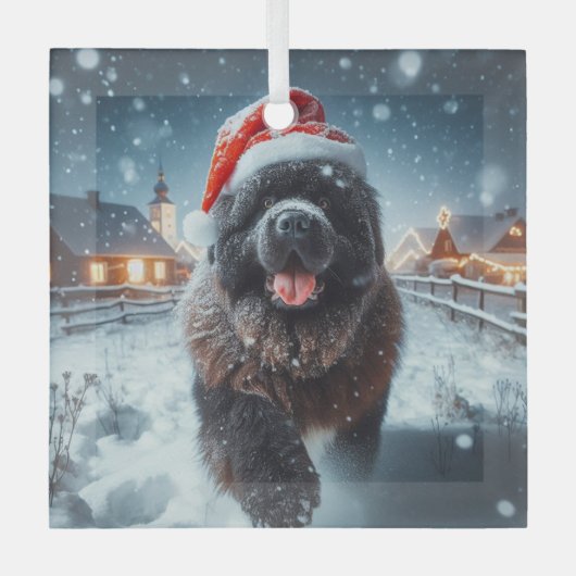 Running Santa Newfie Ornament Aus Glas (Vorderseite)