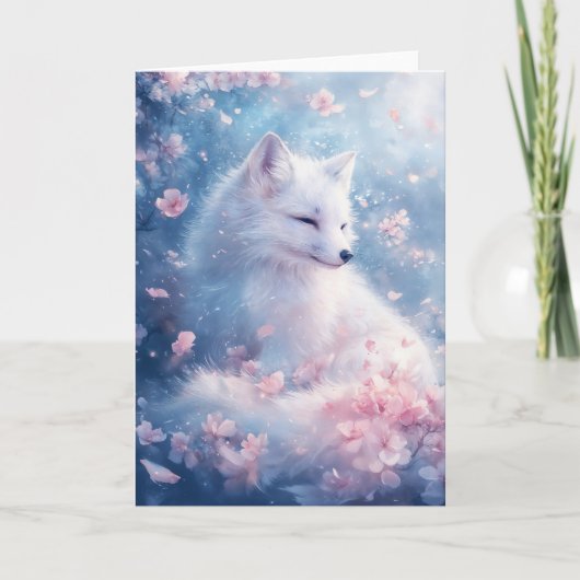 Ruquil Winter Fox Amid Falling Petals Karte (Vorderseite)