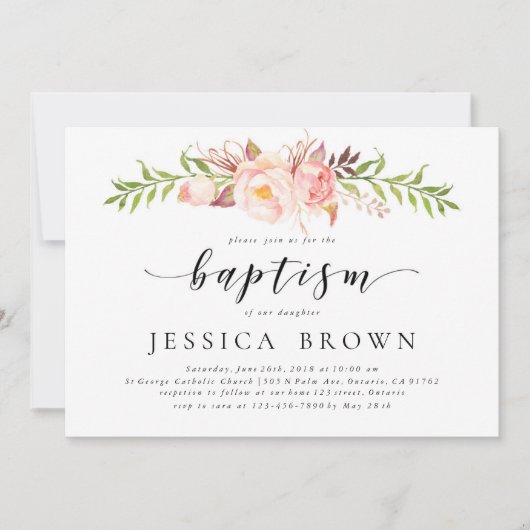 Rusic Floral, Watercolor Peony Baptisk Einladung (Vorderseite)