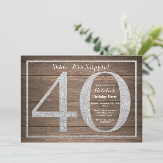 Rusic Überraschung 40. Geburtstag Einladung Silver (Stehend Vorderseite)