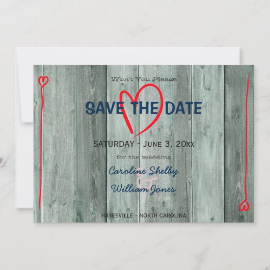 Rusitc Rotes Herz und Holz Save the Date (Vorderseite)