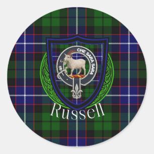 Russell schottischer Clan-Tartan und -Wappen Runder Aufkleber