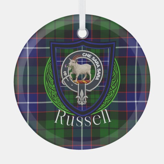 Russell Scottish Clan Tartan & Crest Ornament Aus Glas (Vorderseite)
