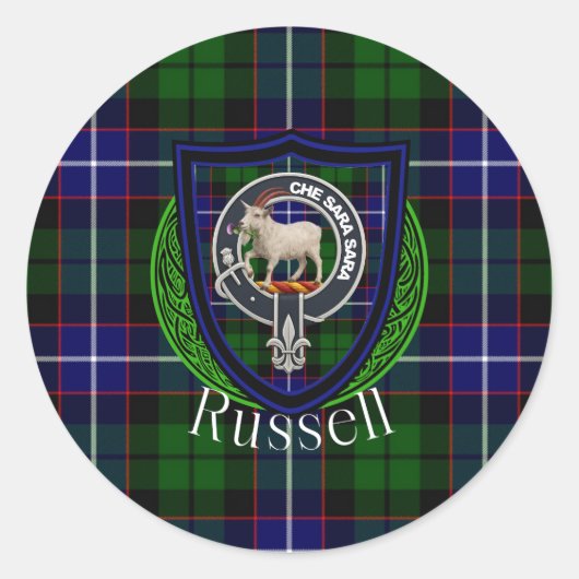 Russell Scottish Clan Tartan & Crest Runder Aufkleber (Vorderseite)