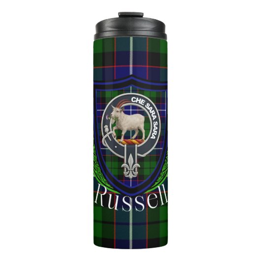 Russell Scottish Clan Tartan & Crest Thermosbecher (Vorderseite)