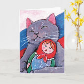 Russian Blue and Babushka Doll | Patriotic Cat Art Karte (Gelbe Blume)