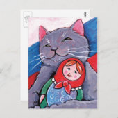 Russian Blue and Babushka Doll | Patriotic Cat Art Postkarte (Vorne/Hinten)