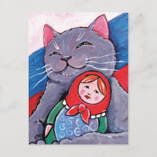 Russian Blue and Babushka Doll   Patriotic Cat Art Postkarte