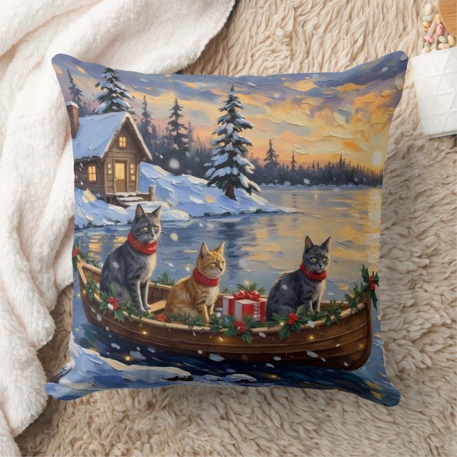 Russian Blue Cat Christmas Boat Holiday Kissen (Decke)
