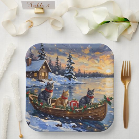 Russian Blue Cat Christmas Boat Holiday Pappteller (Hochzeit)