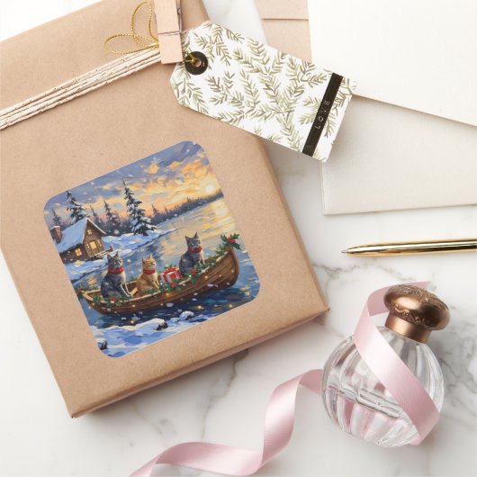 Russian Blue Cat Christmas Boat Holiday Quadratischer Aufkleber (Schenken)