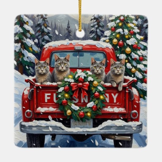 Russian Blue Cat Christmas Red Truck Holiday Keramikornament (Rückseite)