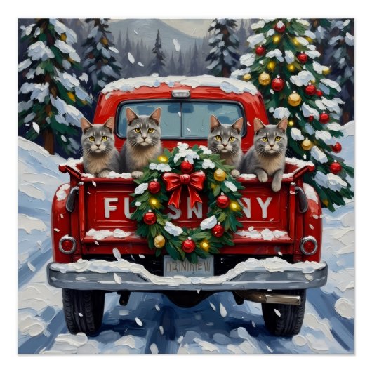 Russian Blue Cat Christmas Red Truck Holiday Poster (Vorderseite)