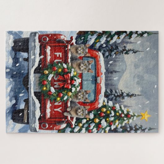 Russian Blue Cat Christmas Red Truck Holiday Puzzle (Horizontal)