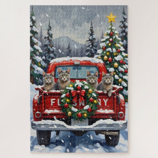Russian Blue Cat Christmas Red Truck Holiday Puzzle (Vertikal)
