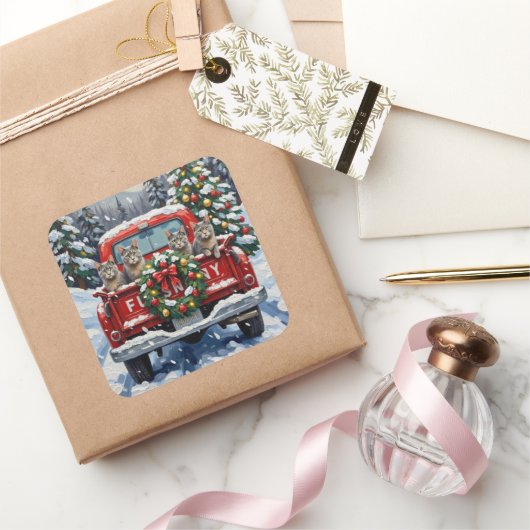 Russian Blue Cat Christmas Red Truck Holiday Quadratischer Aufkleber (Schenken)