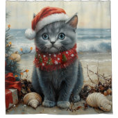 Russian Blue Cat Christmas Vintag Beach Duschvorhang (Vorderseite)