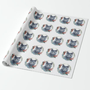 Russian Blue Cat Christmas Wreath Festive Kitten Geschenkpapier