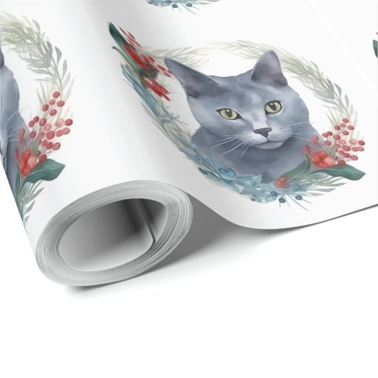 Russian Blue Cat Christmas Wreath Festive Kitten Geschenkpapier (Rolleneckpunkt)