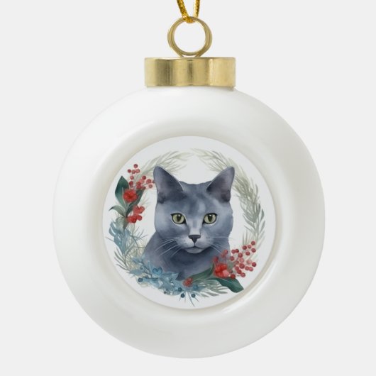 Russian Blue Cat Christmas Wreath Festive Kitten Keramik Kugel-Ornament (Vorderseite)