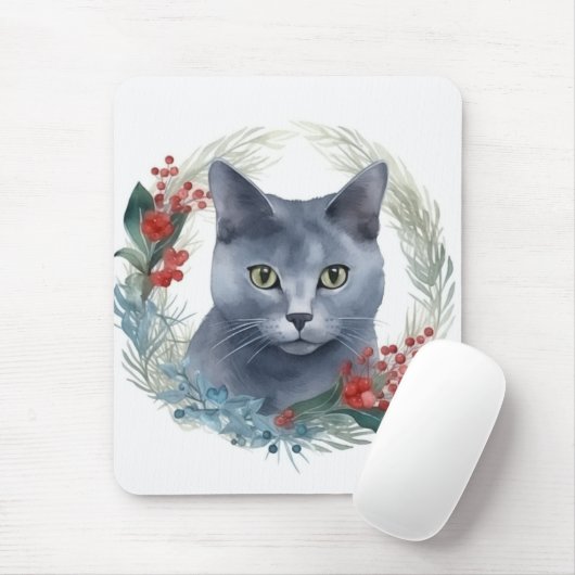 Russian Blue Cat Christmas Wreath Festive Kitten Mousepad (Mit Mouse)