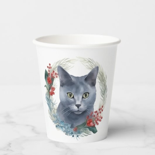 Russian Blue Cat Christmas Wreath Festive Kitten Pappbecher (Vorderseite)
