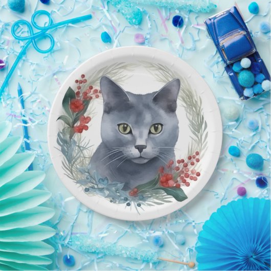 Russian Blue Cat Christmas Wreath Festive Kitten Pappteller (Party)