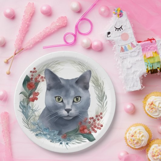 Russian Blue Cat Christmas Wreath Festive Kitten Pappteller (Party)